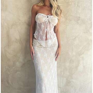 Yuemengxuan Women Going out Maxi Skirts Set Low Cut Lace Trim Cami Top Crop Top High Waist Bodycon Maxi Skirt 2Pcs Outfits (White-M, L)