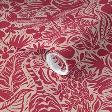 Removable Wallpaper 12ft x 2ft - Maximalist Tiger Tropical Botanical Hot Pink Jungle Magenta Vivid B...