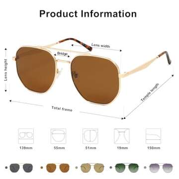 SOJOS Classic Square Aviator Sunglasses for Women Men Retro Hexagon UV400 Protection Shades SJ1222, Bright Gold/Brown