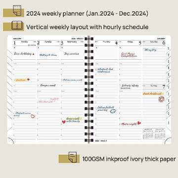 POPRUN 2024 Weekly Planner Spiral Bound - Hourly Schedule & Vertical Weekly Layout - 2024 Planner fo...