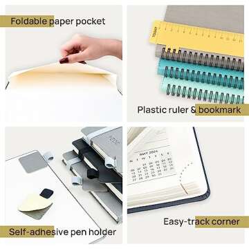 POPRUN 2024 Weekly Planner Spiral Bound - Hourly Schedule & Vertical Weekly Layout - 2024 Planner for Time Management,6.5" x 8.5"- Monthly Tabs, Pen Holder, Leather Soft Cover - Black