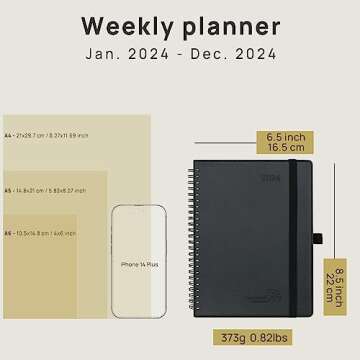 POPRUN 2024 Weekly Planner Spiral Bound - Hourly Schedule & Vertical Weekly Layout - 2024 Planner for Time Management,6.5" x 8.5"- Monthly Tabs, Pen Holder, Leather Soft Cover - Black