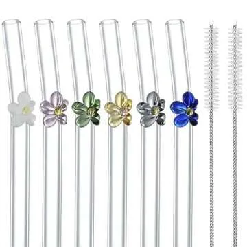 6 Colorful Flower Glass Straws - Eco-Friendly & Durable