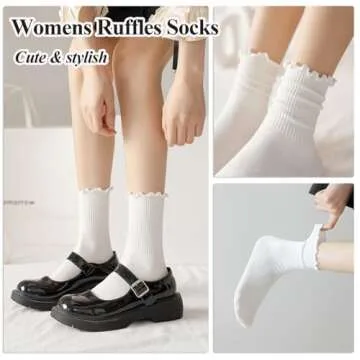 BIVOLU Womens Ankle Socks Ruffle Cotton Cute Frilly Trim Breathable Crew Ruffled Socks 6 Pack