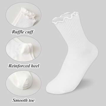 BIVOLU Womens Ankle Socks Ruffle Cotton Cute Frilly Trim Breathable Crew Ruffled Socks 6 Pack