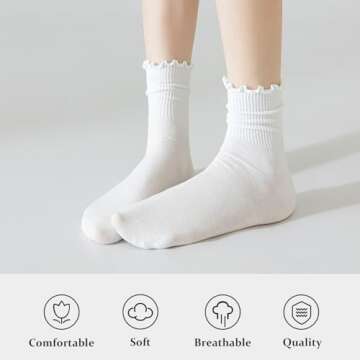 BIVOLU Womens Ankle Socks Ruffle Cotton Cute Frilly Trim Breathable Crew Ruffled Socks 6 Pack