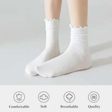 BIVOLU Womens Ankle Socks Ruffle Cotton Cute Frilly Trim Breathable Crew Ruffled Socks 6 Pack
