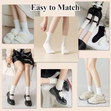 BIVOLU Womens Ankle Socks Ruffle Cotton Cute Frilly Trim Breathable Crew Ruffled Socks 6 Pack