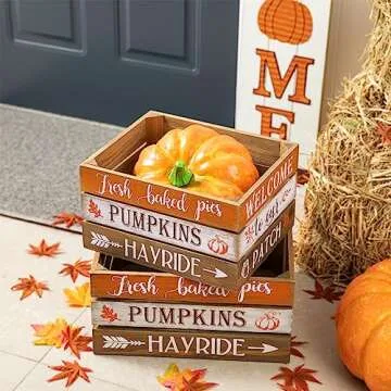 Glitzhome Fall Harvest Wooden Crates, Rustic Nesting Wooden Crates Set of 2, Fall Decorative Storage Gift Wood Crates for Display, Farmhouse Wooden Storage Boxes for Autumn Harvest