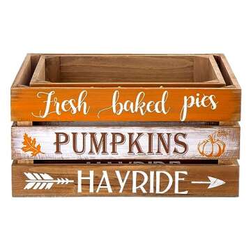 Glitzhome Fall Harvest Wooden Crates, Rustic Nesting Wooden Crates Set of 2, Fall Decorative Storage Gift Wood Crates for Display, Farmhouse Wooden Storage Boxes for Autumn Harvest