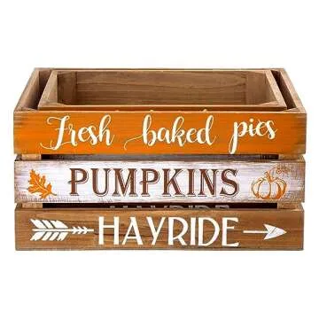 Glitzhome Fall Harvest Wooden Crates, Rustic Nesting Wooden Crates Set of 2, Fall Decorative Storage Gift Wood Crates for Display, Farmhouse Wooden Storage Boxes for Autumn Harvest