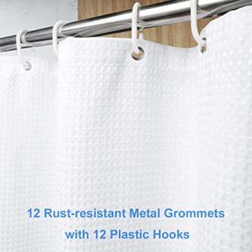 Waffle Weave Fabric Shower Curtain with Hooks, 84 Inch Shower Curtain Set for Bathroom, Hotel Quality Heavyweight Cloth with Rustproof Metal Grommets, Water Repellent, Machine Washable, 72x84 Inch