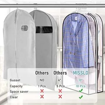 MISSLO 10" Gusseted All Clear Garment Bags for Hanging Clothes 40" Suit Bags for Closet Storage Hanging Clothes Storage Suit Cover for Shirts, Coats, Dresses, 3 Packs