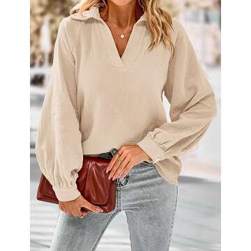 PRETTYGARDEN Women's 2024 Fall Fashion Blouse Tops Casual Long Sleeve V Neck Collared Cotton Linen Shirts (Apricot,Small)