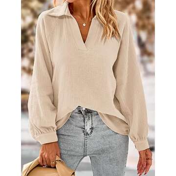 PRETTYGARDEN Women's 2024 Fall Fashion Blouse Tops Casual Long Sleeve V Neck Collared Cotton Linen Shirts (Apricot,Small)