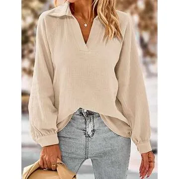 PRETTYGARDEN Women's 2024 Fall Fashion Blouse Tops Casual Long Sleeve V Neck Collared Cotton Linen Shirts (Apricot,Small)