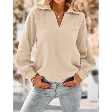 PRETTYGARDEN Women's 2024 Fall Fashion Blouse Tops Casual Long Sleeve V Neck Collared Cotton Linen Shirts (Apricot,Small)