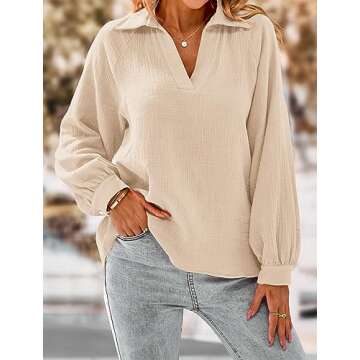 PRETTYGARDEN Women's 2024 Fall Fashion Blouse Tops Casual Long Sleeve V Neck Collared Cotton Linen Shirts (Apricot,Small)