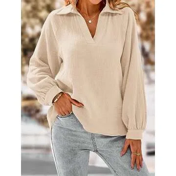 PRETTYGARDEN Women's 2024 Fall Fashion Blouse Tops Casual Long Sleeve V Neck Collared Cotton Linen Shirts (Apricot,Small)