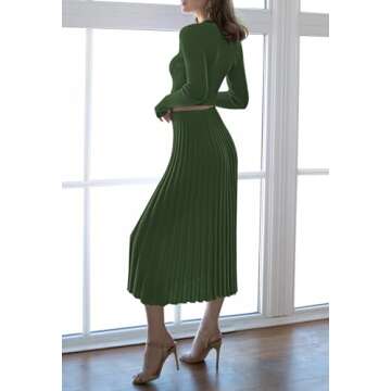 Pink Queen Women's 2 Piece Sweater Outfits Set Long Sleeve Crop Top Ribbed Split Bodycon Midi Long Skirt Knit Dresses