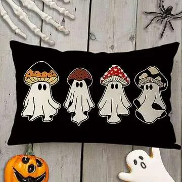 Halloween Pillow Covers 12x20 Inch Halloween Ghosts Mushroom Decor Pillowcase Black Holiday Farmhous...