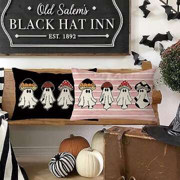 Halloween Pillow Covers 12x20 Inch Halloween Ghosts Mushroom Decor Pillowcase Black Holiday Farmhouse Throw Pillows Indoor Outdoor Couch Cushion Case for Home Sofa Decorations