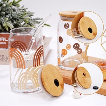 Trendy 4pcs Boho Drinking Glass Set with Bamboo Lids