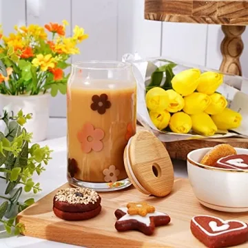 Trendy 4pcs Boho Drinking Glass Set with Bamboo Lids
