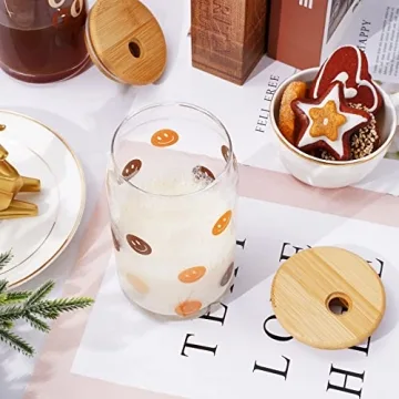 Trendy 4pcs Boho Drinking Glass Set with Bamboo Lids