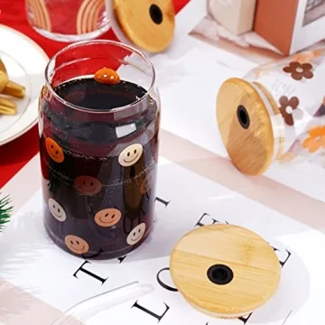 Trendy 4pcs Boho Drinking Glass Set with Bamboo Lids
