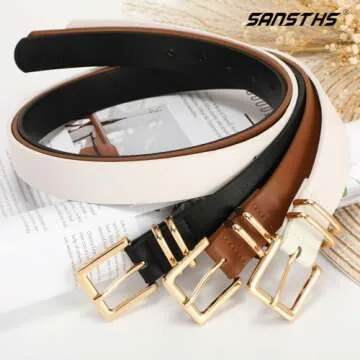 SANSTHS 3 PACK Women Leather Belts for Jeans Pants Dresses Fashion Ladies Waist Belt with Gold Squar...