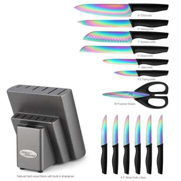 Marco Almond Knife Set with Block, 14 Piece Rainbow Titanium Knife Block Set, KYA25 Cooking Steak Kn...