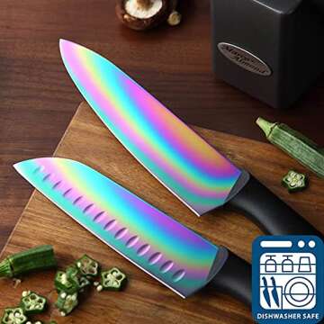 Marco Almond Knife Set with Block, 14 Piece Rainbow Titanium Knife Block Set, KYA25 Cooking Steak Knives set with Black Handle, Chef Knife Sets for Kitchen with Block