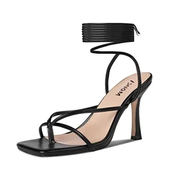ISNOM Lace Up Heels Sandals for Women - Strappy Stiletto Sandals - Black