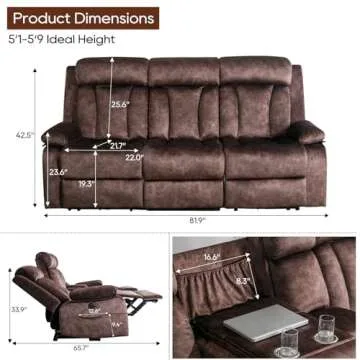 GUEAPY Reclining Sofa-Power Recliner Sofa with Heat and Massage,Recliner Sofa with Drop Down Table,R...