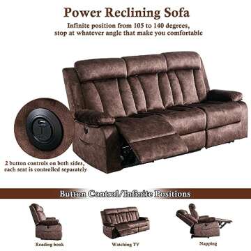 GUEAPY Reclining Sofa-Power Recliner Sofa with Heat and Massage,Recliner Sofa with Drop Down Table,Reclining Couch 3 Seater for Living Room,Home Theater Seating with Cup Holders,USB & Type-C Ports