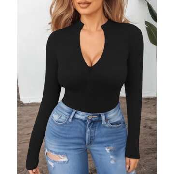 MANGOPOP Long Sleeve Body Suit Mock Turtle Neck Zip Up Bodysuit for Women Ribbed Deep V Sexy Bodysuit Shirts