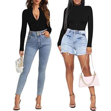 MANGOPOP Long Sleeve Body Suit Mock Turtle Neck Zip Up Bodysuit for Women Ribbed Deep V Sexy Bodysuit Shirts