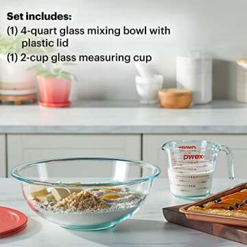 Pyrex Smart Essentials 3-Piece Glass Prep Set, 4-QT Glass Mixing Bowl with lid and 2-Cup Measuring Cup, Dishwasher, Microwave and Freezer Safe, Essential Kitchen Tools
