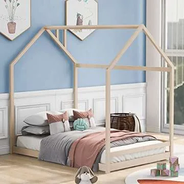 House Bed for Kids – Full Size Wood Frame with Roof