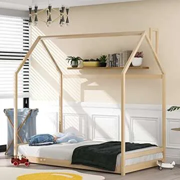 House Bed for Kids – Full Size Wood Frame with Roof