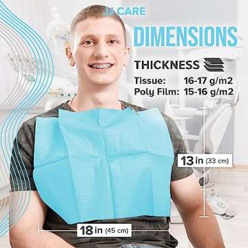 JJ CARE Dental Bibs [Pack of 125] - 13" x 18" Blue Dental Bibs, 3 Ply Waterproof Dentist Bibs, Dental Bibs Disposable for Eyelash Extension, Patient Bibs for Nail Art, Dental Napkins for Piercing