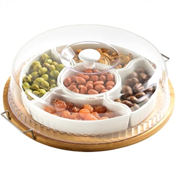 Yarlung Ceramic Divided Serving Dishes Platter with Clear Lid for Snacks, Dips, and More