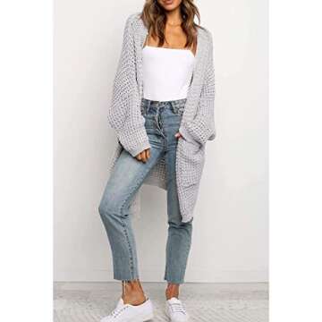 YIBOCK Womens Kimono Long Batwing Sleeve Open Front Chunky Cable Knit Cardigan Sweater with Pockets (Z Light Grey, Large)