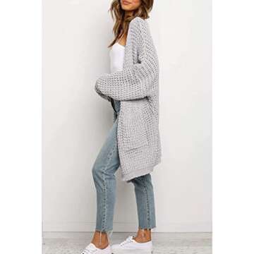 YIBOCK Womens Kimono Long Batwing Sleeve Open Front Chunky Cable Knit Cardigan Sweater with Pockets (Z Light Grey, Large)