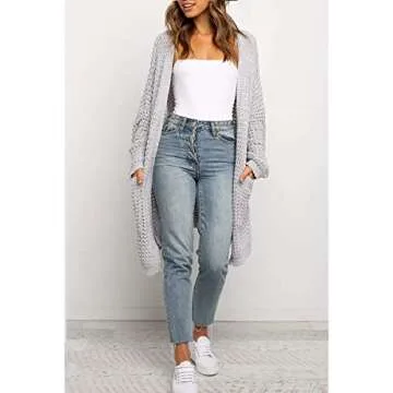YIBOCK Womens Kimono Long Batwing Sleeve Open Front Chunky Cable Knit Cardigan Sweater with Pockets (Z Light Grey, Large)