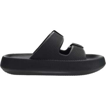 WHITIN Slides for Women Men Open Toe Massage House Pillow Double Buckle EVA Foam Extremely Comfy Thick Sole Adjustable Unisex Home Lightweight Spa Pool Bath Slippers Black