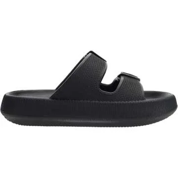 WHITIN Slides for Women Men Open Toe Massage House Pillow Double Buckle EVA Foam Extremely Comfy Thick Sole Adjustable Unisex Home Lightweight Spa Pool Bath Slippers Black