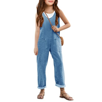 Haloumoning Girls' Denim Overall Jumpsuits Sleeveless V Neck Adjustable Straps Jeans Pants Jumpers w...