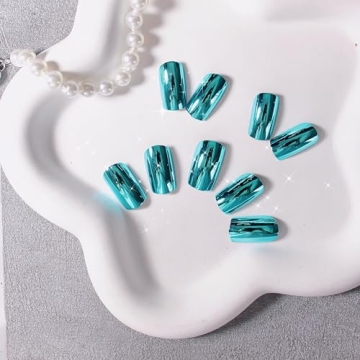 Teal Blue Chrome Square Press On Nails for Glamorous Style